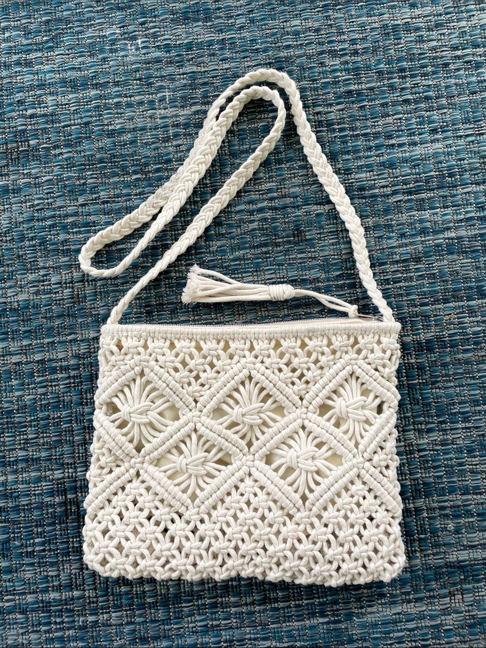 Handcrafted Cream Macramé Crossbody Bag with Braided Strap